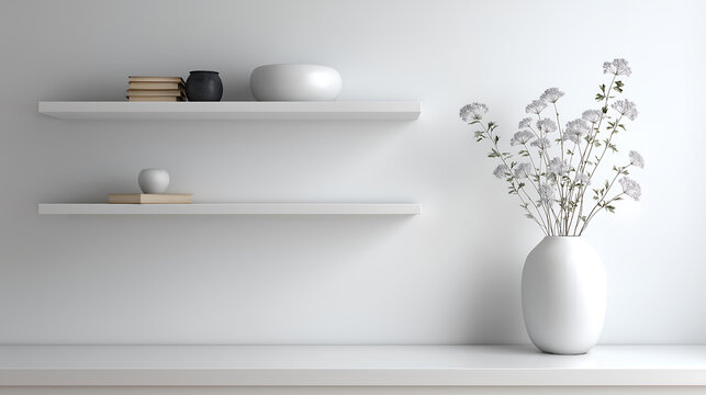 Minimalist white wall shelves with decorative objects and vase of white flowers, color of the year 2026, cloud dancer