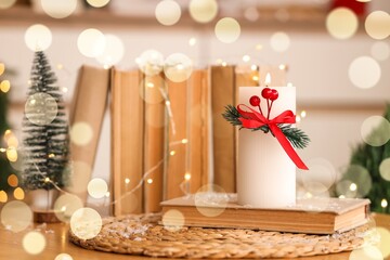 Christmas candle with books on table in room
