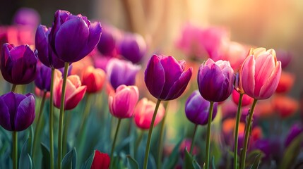 Obraz premium Vibrant Tulips Blooming in Soft Sunlight.