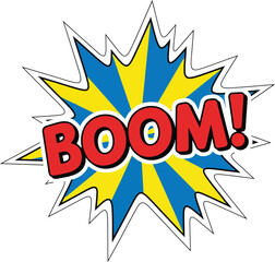 Retro pop art BOOM sound effect with a spiky starburst and bold red lettering.