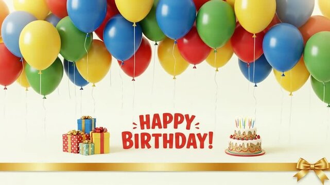 Happy birthday greeting card with balloons and birthday card. 4k video
