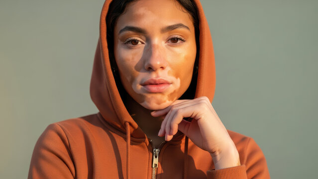 thoughtful young woman with vitiligo in orange hoodie looking at camera in soft evening sunlight, confident expression highlighting unique facial skin tone and natural beauty - Powered by Adobe