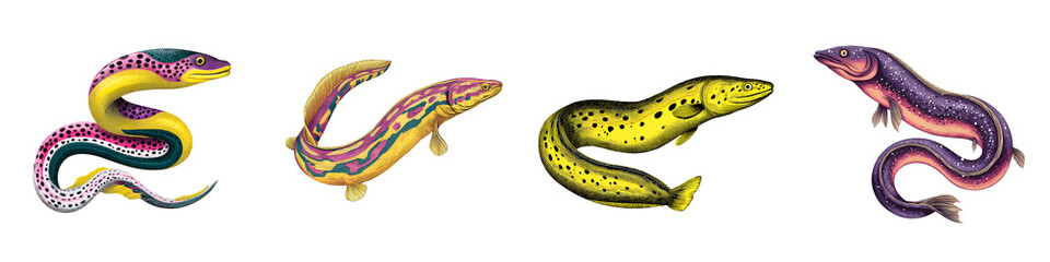 Fototapeta premium Eel Illustration - Four Colorful Vintage Fish Drawings