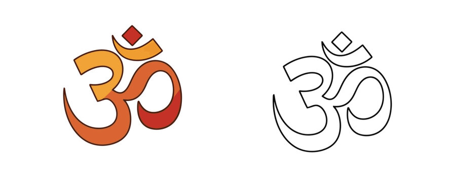 Doodle vector cartoon illustration of the sacred Om symbol in warm orange and red colors and its corresponding outline drawing on a white background, used in Hinduism