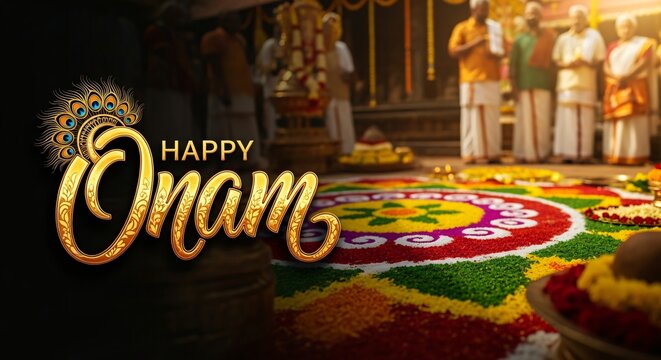 Happy Onam Celebrations in Kerala Indian Festival Family Tradition Pookalam Flowers Sadhya Rituals