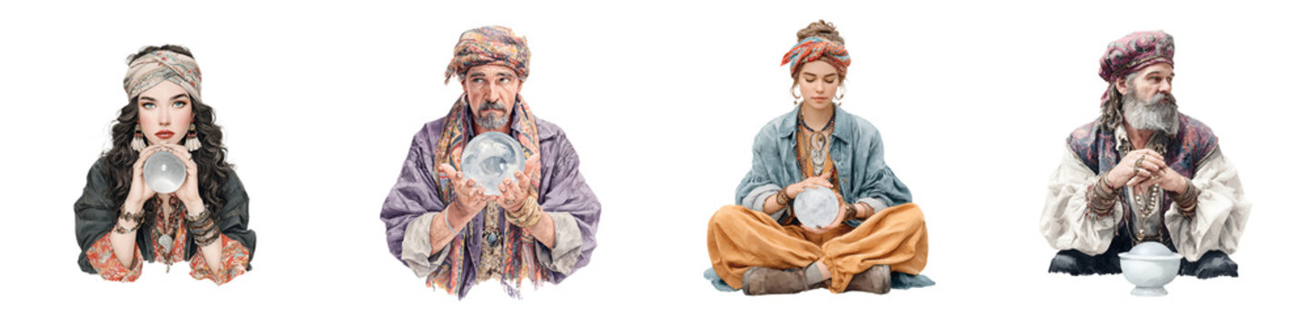 Gypsy Fortune Tellers with Crystal Balls Isolated on White