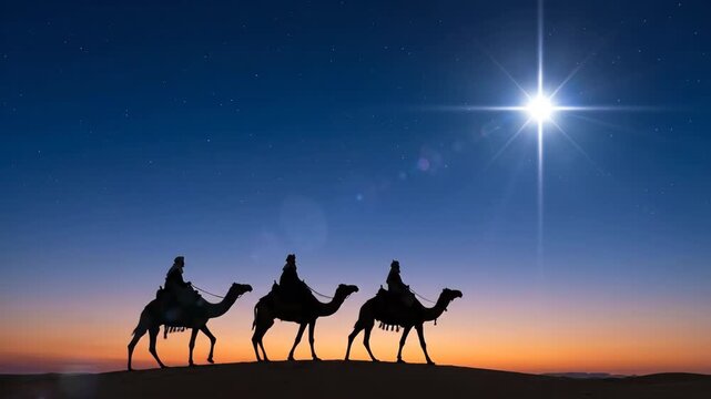three wise men silhouettes riding camels in desert under star of bethlehem. christian nativity scene. christmas religious holiday background. greeting card with copy space
