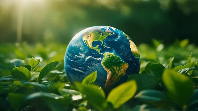 Planet earth globe nestled among fresh green leaves in a sunlit field. A conceptual banner for environmental conservation, sustainability, and global ecology awareness