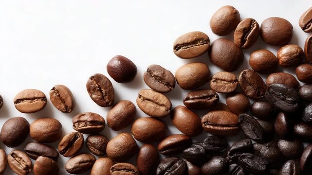 白い背景に、自然な散り方で配置された焙煎コーヒー豆