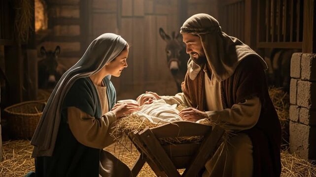 holy family nativity scene with middle eastern mary and joseph adoring baby jesus in manger. biblical christmas story in stable. religious greeting card, background.