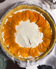 Homemade Peach Tart With Cream, Rustic Homemade Peach Tart Featuring Cream Filling And Golden Crust