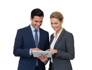 Businessman and businesswoman holding a credit card and laptop in office meeting