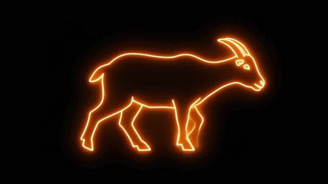 A glowing orange neon outline of a goat-like animal with horns standing against a dark black background, creating a striking illuminated silhouette.