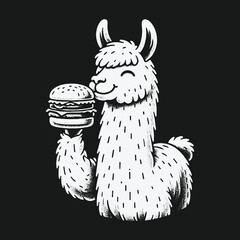 Naklejka premium Happy cartoon llama holding a delicious hamburger illustration.