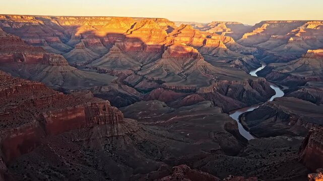 Golden sunlight illuminates the vast Grand Canyon, revealing its ancient, layered rock formations and winding river below.