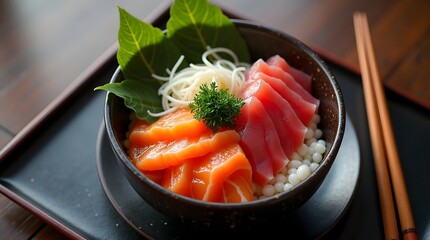 Premium Japanese Kaisen Don: Fresh Salmon Tuna Ikura Sashimi Bowl Restaurant Dish