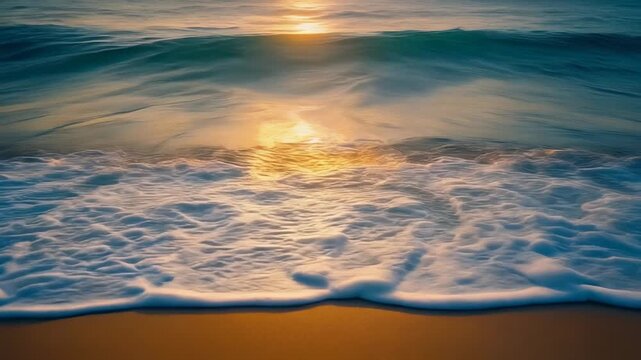 Three-frame sequence of a gentle ocean wave washing onto a sandy beach at golden hour. The beautiful motion of the surf breaking and receding is captured in a tranquil triptych