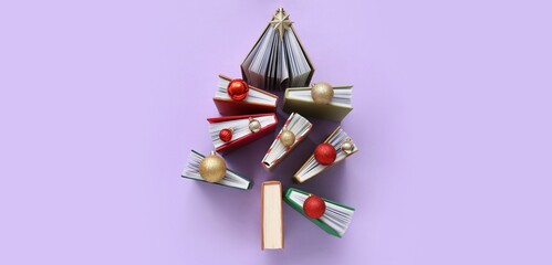 Christmas tree made of different books, decorative star and balls on purple background, top view