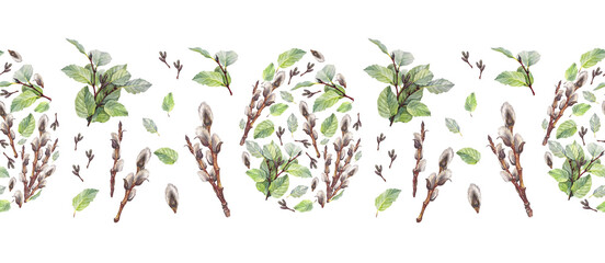 Watercolor seamless border with Easter ornate egg with willow and green leaves on white background. Spring celebration vintage card invite and textile. Holiday rim for wallpaper or wrapping