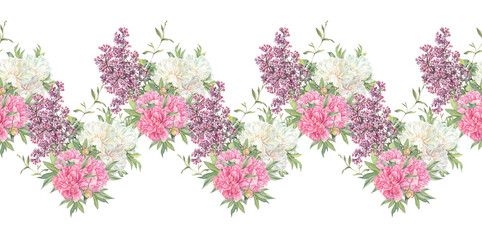 Watercolor seamless border with bouquet pink and milk peony and lilac bush on white background. Floral plant with leaves. Spring flower. Rim for wedding invite celebration card. Wallpaper wrapping