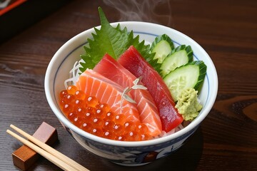 Gourmet Kaisen Don: Fresh Salmon Tuna Caviar Sashimi Bowl Wooden Table Setup