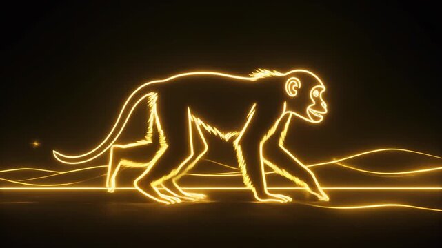 A vibrant neon yellow outline of a monkey walking on glowing terrain against a dark background.