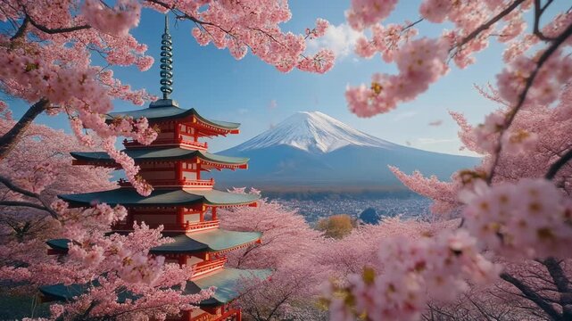 Scenic view of mount fuji and a red pagoda during the cherry blossom season in japan. Beautiful pink sakura flowers blooming on a sunny spring day with falling petals