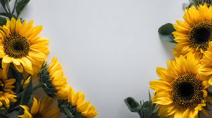 Beautiful yellow summer sunflower frame with bright orange petals and floral blossoms isolated on a white background for a natural spring garden bouquet
