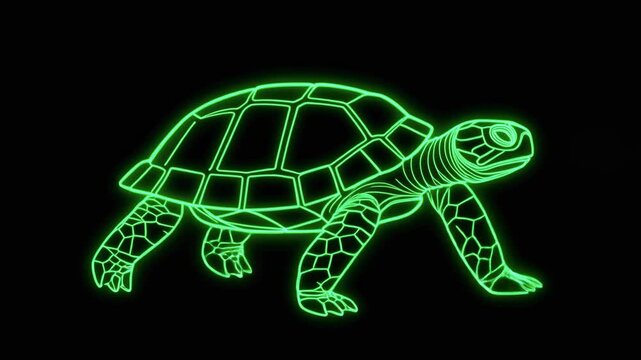 Neon green glowing outline of a turtle walking on a black background, digital art.