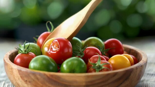 a vibrant mix of freshly chopped multicolored tomatoes stirs inside a salad bowl with wooden spoons captured in rich 4k clarity emphasizing freshness movement vitamin rich produce and healthy