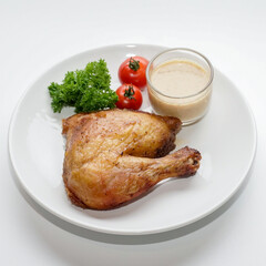 Studio shot of roasted chicken leg quarter served with creamy sauce, tomatoes, and parsley on white background. Clean food image for menus, recipes, and protein meal concepts