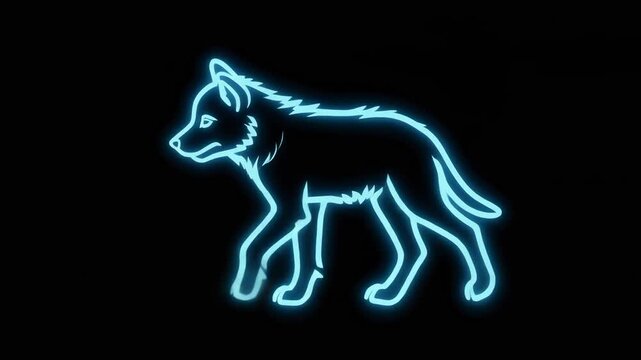 A glowing neon blue outline of a wolf walking against a dark black background, minimalist and stylized.