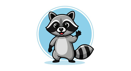 Naklejka premium A cute cartoon raccoon with a friendly expression waving its paw in front of a light blue circle.