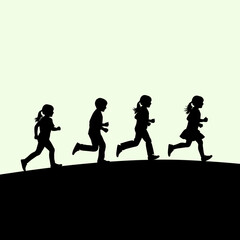 Four Children Running Uphill Silhouette: Playful Kids in Motion, Childhood Fun, Graphic Vector Illustration
