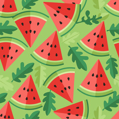 Vibrant Flat Design Seamless Watermelon Pattern with Green Leaves on Light Background - Fresh Summer Fruit and Botanical Texture
