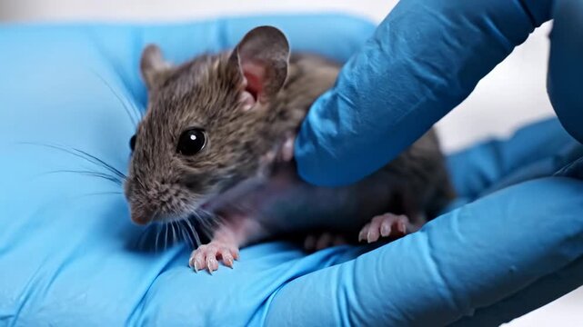 Tiny mouse being carefully examined in blue medical gloves by a researcher