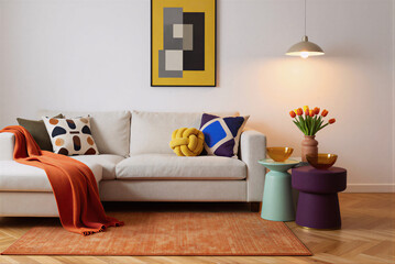 Modern beige sofa with colorful pillows and orange throw blanket in stylish living room, generative AI