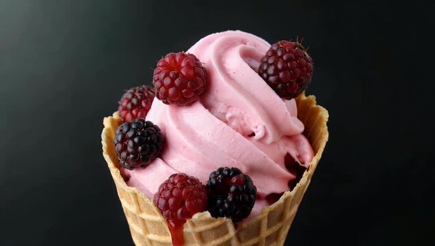 a close up 4k visual shows a raspberry ice cream scoop nestled in a crisp waffle cone accompanied by fresh berries on a deep black background creating a vibrant cold dessert presentation