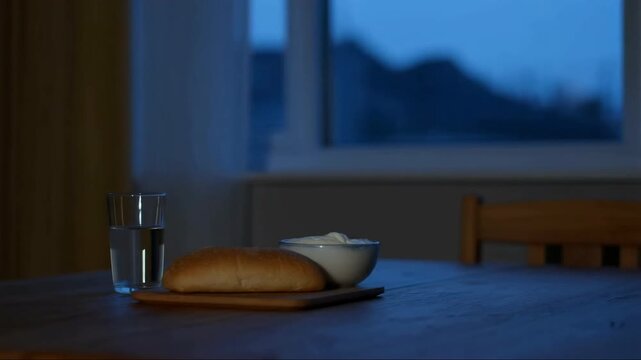 Modest meal of bread, water, and dairy on wooden table near window at dusk symbolizing poverty, fasting, or food insecurity