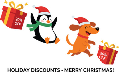 Cartoon penguin and dog in Santa hats, joyful holiday discount scene, gift boxes, Christmas sale, festive winter illustration, merry Christmas banner