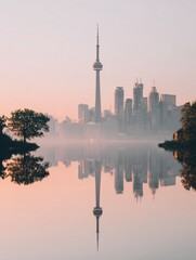Naklejka premium Toronto Skyline View With Lake Reflection During Early Morning Light Near Summer Sunrise Over the City Landscape and Urban Scene