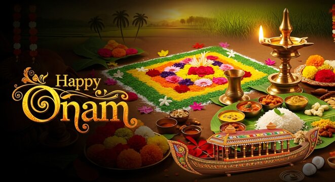 Vibrant Onam Sadhya Feast Kerala India Traditional Flowers Celebration & Oil Lamp Blessing