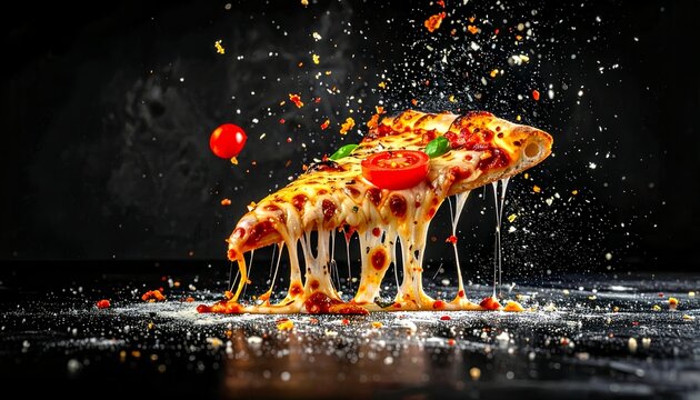  pizza slices and melted cheese, meat and delicious tomato sauce with black background