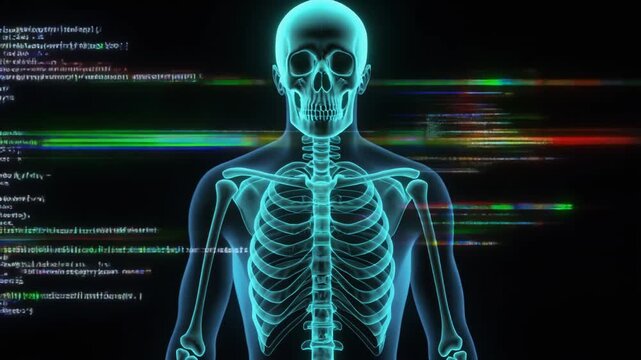 Glowing blue human skeleton standing in front of computer code screens in a dark room