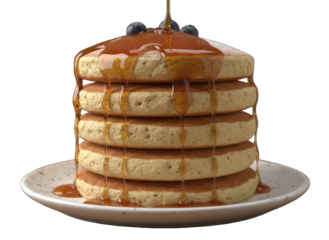 Pancakes with Syrup Dripping on Plate, Isolated