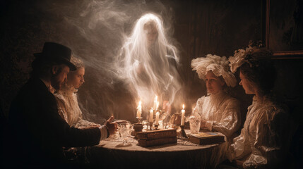 Victorian occult seance mystical gathering magic scene with ectoplasm ghost spirit and round table with candles medium and spiritualism spectators people vintage fashion