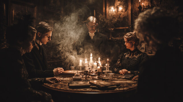 Victorian occult seance mystical gathering magic scene with ectoplasm ghost spirit and round table with candles medium and spiritualism spectators people vintage fashion