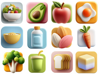 Vibrant 3d Pastel Healthy Food Icons Collection for Wellness and Nutrition