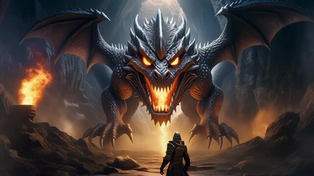 A brave warrior confronts a giant fire dragon in its dark rocky lair. Epic fantasy concept of courage and adventure in a mythical world. Cinematic art for a game or book cover