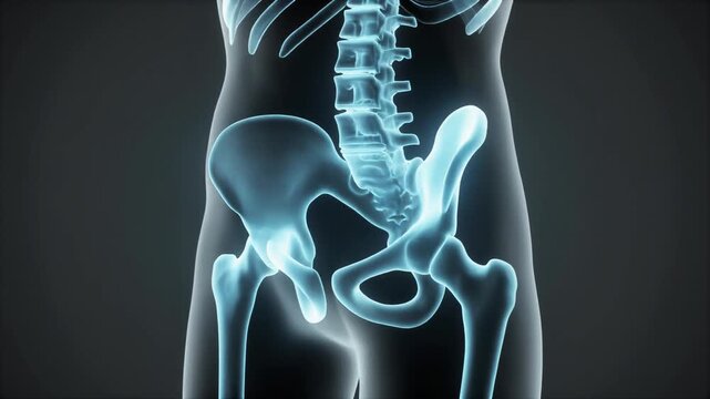 3D X-ray Scan of Human Pelvis and Spine Rotating in a Scientific Medical Visualization